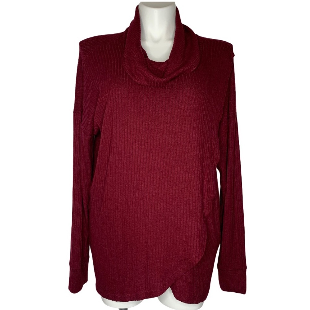 a:glow Women's Ribbed Cowl Neck Top - Burgundy